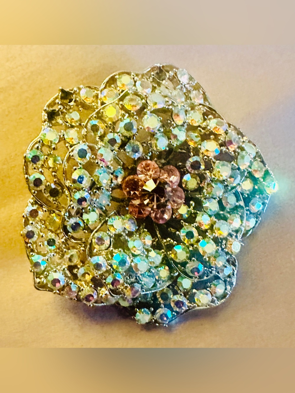 Crystal Floral Statement Brooch — Iridescent and Pink Floral Center Rose Design